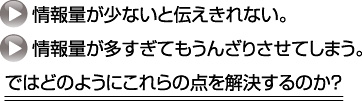 情報量が少ないと伝えきれない。情報量が多すぎてもうんざりさせてしまう。ではどのようにこれらの点を解決するのか？